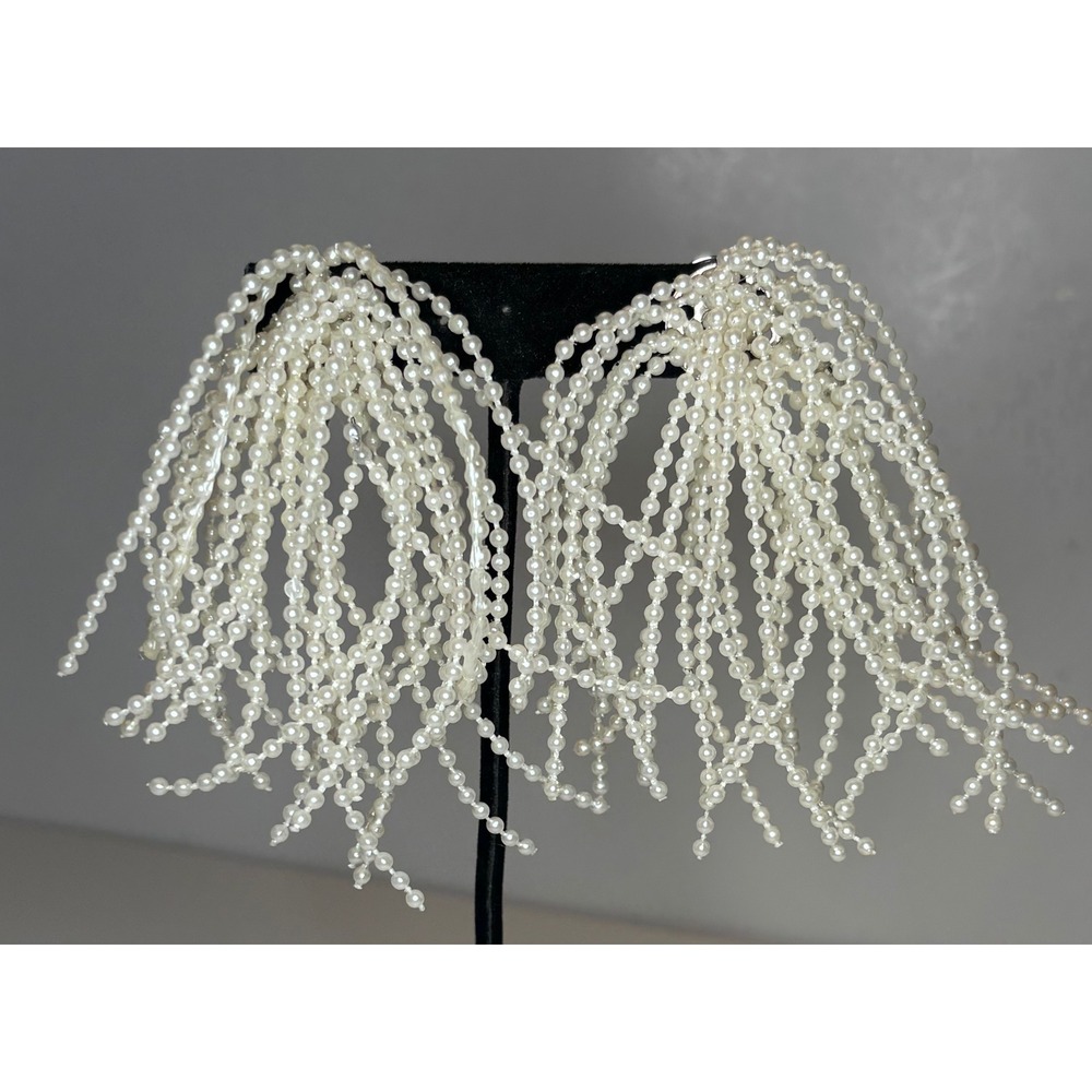1960s Faux Pearl Glamour Waterfall Fringe Clip On Earrings Statement Dangle